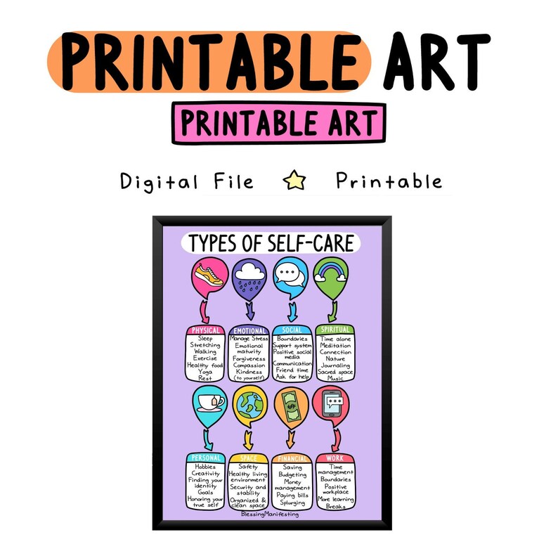 May include: A printable poster with a purple background and a black frame. The poster is titled "Types of Self-Care" and features a chart with different categories of self-care, including physical, emotional, social, spiritual, personal, financial, and work. Each category has a list of activities that can be done to practice self-care.