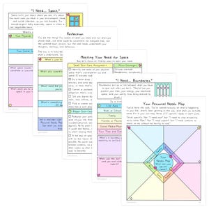 May include: A collection of colorful, handwritten worksheets with text and diagrams. Topics include personal needs, boundaries, and self-care strategies. The pages are decorated with small illustrations and pastel colors.