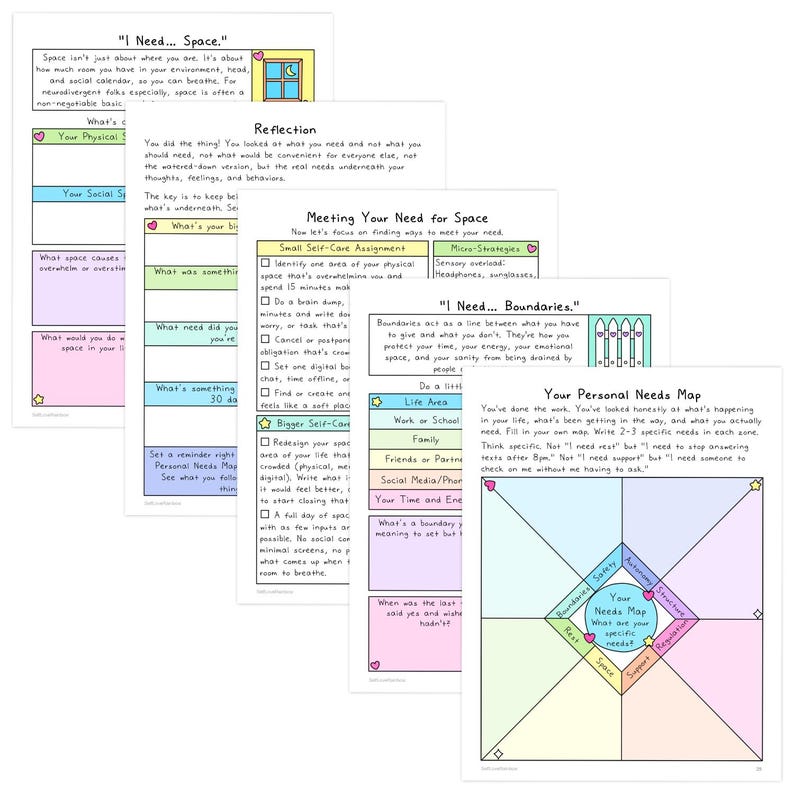 May include: A collection of colorful, handwritten worksheets with text and diagrams. Topics include personal needs, boundaries, and self-care strategies. The pages are decorated with small illustrations and pastel colors.