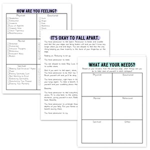 May include: Two printable worksheets with a blue and white background. The first worksheet is titled "How Are You Feeling?" and has a checklist of physical, mental, and spiritual feelings. The second worksheet is titled "What Are Your Needs?" and has a grid with four sections: physical, emotional, mental, and spiritual.