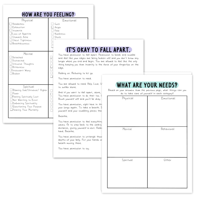 May include: Two printable worksheets with a blue and white background. The first worksheet is titled "How Are You Feeling?" and has a checklist of physical, mental, and spiritual feelings. The second worksheet is titled "What Are Your Needs?" and has a grid with four sections: physical, emotional, mental, and spiritual.