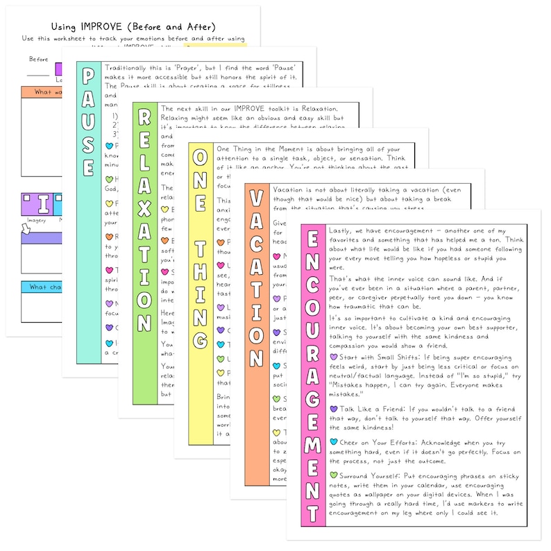 May include: A colorful printable worksheet with the acronym IMPROVE, which stands for Pause, Relaxation, One Thing, Vacation, and Encouragement. The worksheet is designed to help track emotions before and after using the techniques.