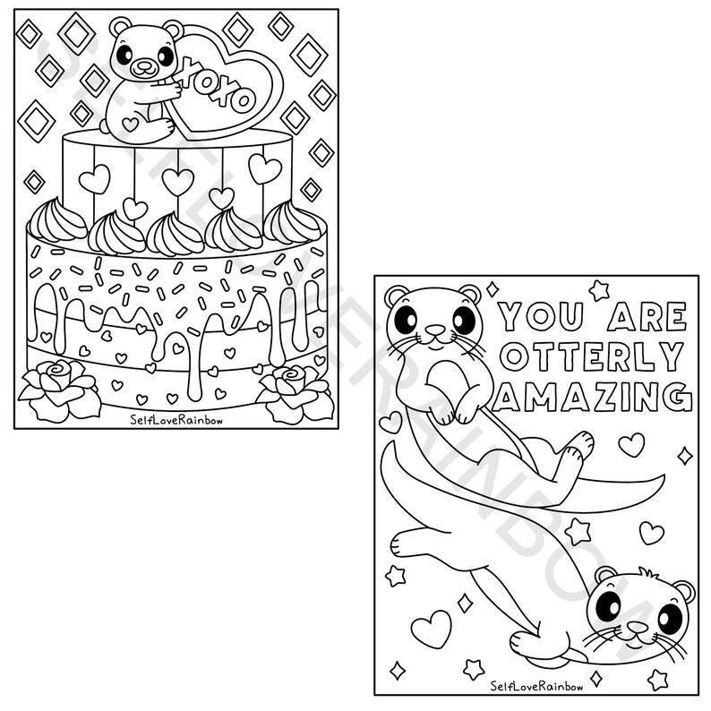 May include: Black and white line art colouring pages. One features a cake with a bear holding an "XOXO" heart. The other shows otters with the text "YOU ARE OTTERLY AMAZING". Both pages have hearts and stars.