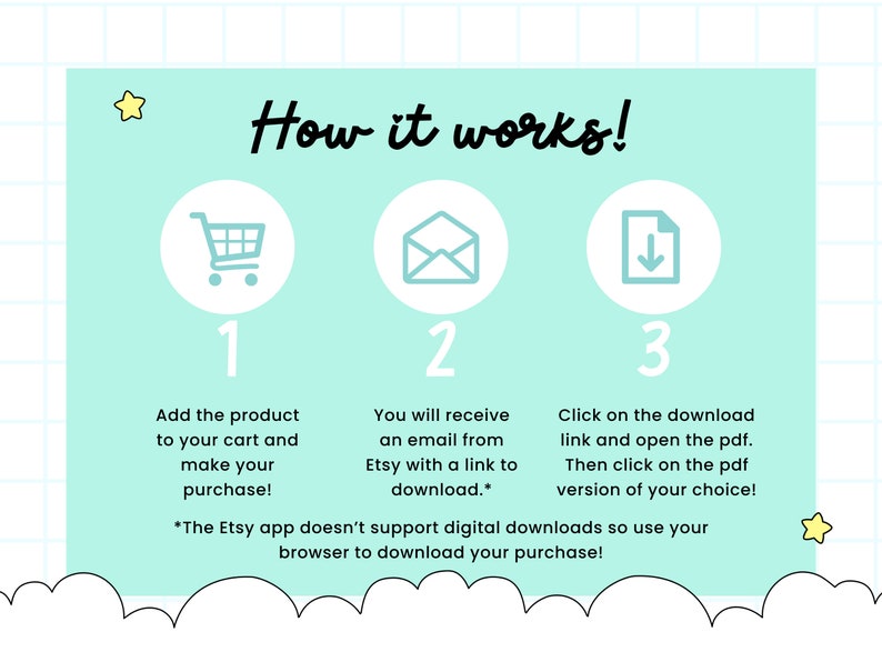 May include: A turquoise blue graphic with three steps on how to download a digital product from Etsy. The steps are illustrated with icons of a shopping cart, an email, and a download arrow. The text says "How it works!" and includes instructions on how to add the product to your cart, receive an email with a download link, and click on the download link to open the PDF.