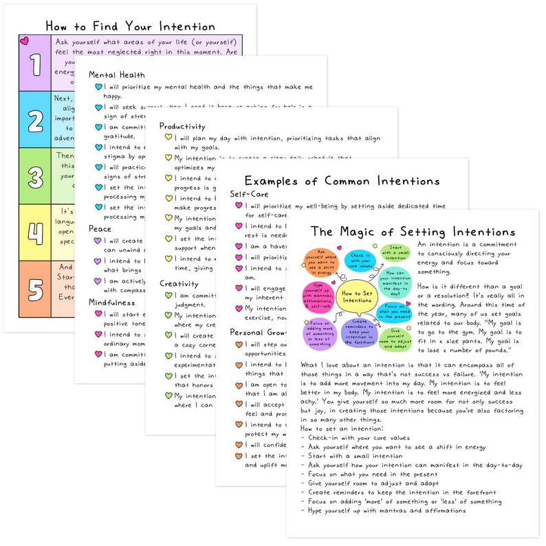May include: A colorful printable worksheet with tips on how to find your intention. The worksheet is divided into five sections, each with a number and a heart symbol. Each section has a title and a list of intentions related to the title. The titles are: Mental Health, Productivity, Self-Care, Peace, Creativity, Mindfulness, and Personal Growth. The worksheet also includes a section titled "The Magic of Setting Intentions" with a diagram and text about the benefits of setting intentions.