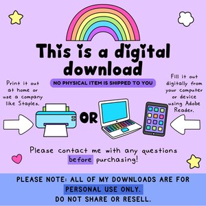 Puede incluir: Un gr&aacute;fico de instrucciones de descarga digital sobre un fondo morado claro con un arco&iacute;ris, una impresora, una computadora port&aacute;til y una tableta. El texto dice: This is a digital download, No physical item is shipped to you, Print it out at home or use a company like Staples, or, Fill it out digitally from your computer or device using Adobe Reader, Please contact me with any questions before purchasing, Please note: All of my downloads are for personal use only. Do not share or resell.