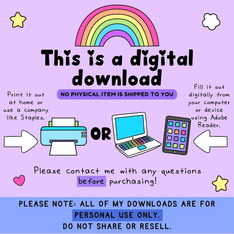 Puede incluir: Un gr&aacute;fico de instrucciones de descarga digital sobre un fondo morado claro con un arco&iacute;ris, una impresora, una computadora port&aacute;til y una tableta. El texto dice: This is a digital download, No physical item is shipped to you, Print it out at home or use a company like Staples, or, Fill it out digitally from your computer or device using Adobe Reader, Please contact me with any questions before purchasing, Please note: All of my downloads are for personal use only. Do not share or resell.
