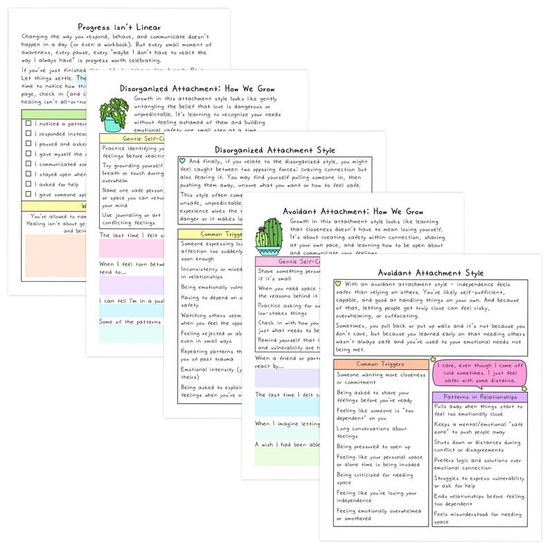 May include: A collection of informational cards with handwritten text about attachment styles. The cards are white with colorful accents and include topics like disorganized and avoidant attachment styles, common triggers, and patterns in relationships.