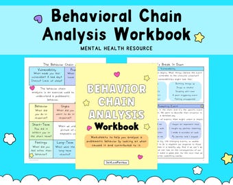 May include: A Behavioral Chain Analysis Workbook mental health resource featuring a yellow cover with the title in black and white text, surrounded by small pink hearts and yellow stars, displayed against a light blue background with white clouds.