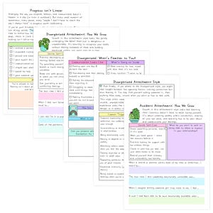 May include: A collection of worksheets with handwritten text about attachment styles, including disorganized and avoidant attachment. The pages feature text, checklists, and illustrations, with a color palette of pastels.