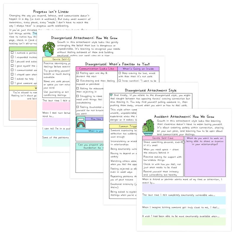 May include: A collection of worksheets with handwritten text about attachment styles, including disorganized and avoidant attachment. The pages feature text, checklists, and illustrations, with a color palette of pastels.