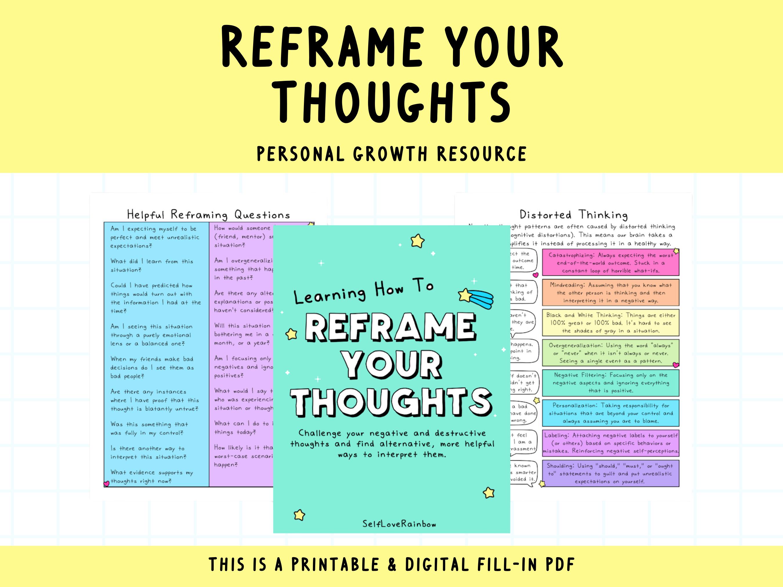 How To Reframe Your Thoughts | Emotional Wellness |  Change Negative Beliefs | Self-Talk | Therapy Tool | Mental Health Counseling Aid