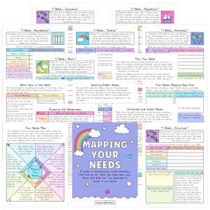 May include: A workbook titled "Mapping Your Needs" with a rainbow and cloud design. The cover text reads "A guide to recognizing, understanding, and asking for what you need when your brain and brain are too depleted to figure it out alone."