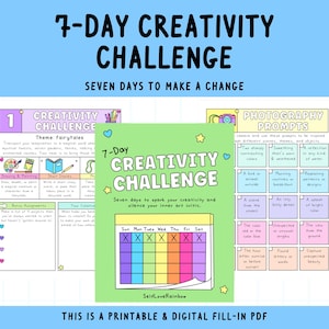 Puede incluir: Un desafío de creatividad imprimible de 7 días con indicaciones para la fotografía y la escritura. El desafío incluye un calendario con colores arcoíris y el texto "7-Day Creativity Challenge" y "Seven days to spark your creativity and silence your inner art critic."