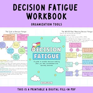 Może przedstawiać: Drukowany zeszyt ćwiczeń zatytułowany "Decision Fatigue Workbook" z narzędziami organizacyjnymi, które pomagają zmniejszyć zmęczenie decyzyjne. Zeszyt zawiera schemat cyklu zmęczenia decyzyjnego i schemat blokowy dla reguły 80/20.