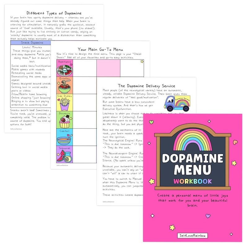 May include: A pink workbook titled "Dopamine Menu Workbook" with a rainbow graphic. The workbook includes text about dopamine and creating a personal menu of joys. Other pages detail dopamine types and activities.
