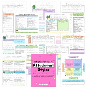 May include: A Beginner's Guide to Attachment Styles, a pink book with text and illustrations, surrounded by informational charts about attachment styles. The cover text reads "A Beginner's Guide to Attachment Styles".