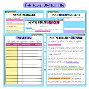 May include: A printable digital file with mental health worksheets. The pages include sections for self-care, a trigger log, and a post-therapy check-in. The design features a purple header with the words "Printable Digital File."
