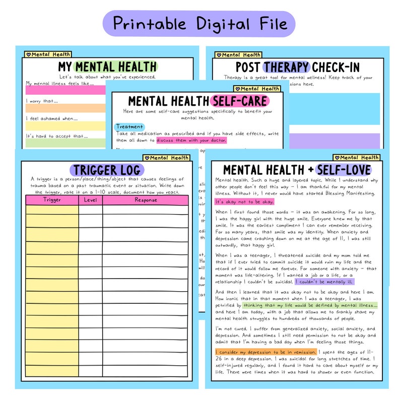 May include: A printable digital file with mental health worksheets. The pages include sections for self-care, a trigger log, and a post-therapy check-in. The design features a purple header with the words "Printable Digital File."