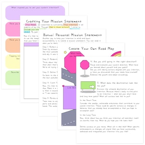 May include: A colorful worksheet with a road map and steps to help you craft your personal mission statement. The worksheet includes the text "Create Your Own Road Map" and "What have you learned?"