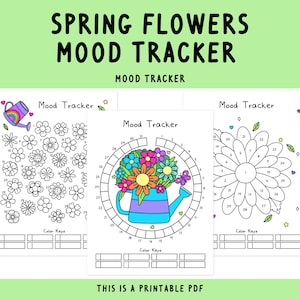 May include: Printable mood tracker featuring spring flowers. The design includes three different mood tracker templates with floral themes. The text "SPRING FLOWERS MOOD TRACKER" is at the top. The bottom of the image reads "THIS IS A PRINTABLE PDF".