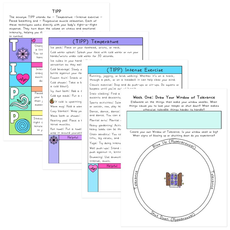 May include: A colorful infographic with the acronym TIPP, which stands for Temperature, Intense Exercise, Paced Breathing, and Progressive Muscle Relaxation. The infographic explains how to use each technique to help manage stress and anxiety. The infographic also includes a diagram of a window of tolerance, which is a concept used in mental health to describe the range of emotions and sensations that a person can tolerate.