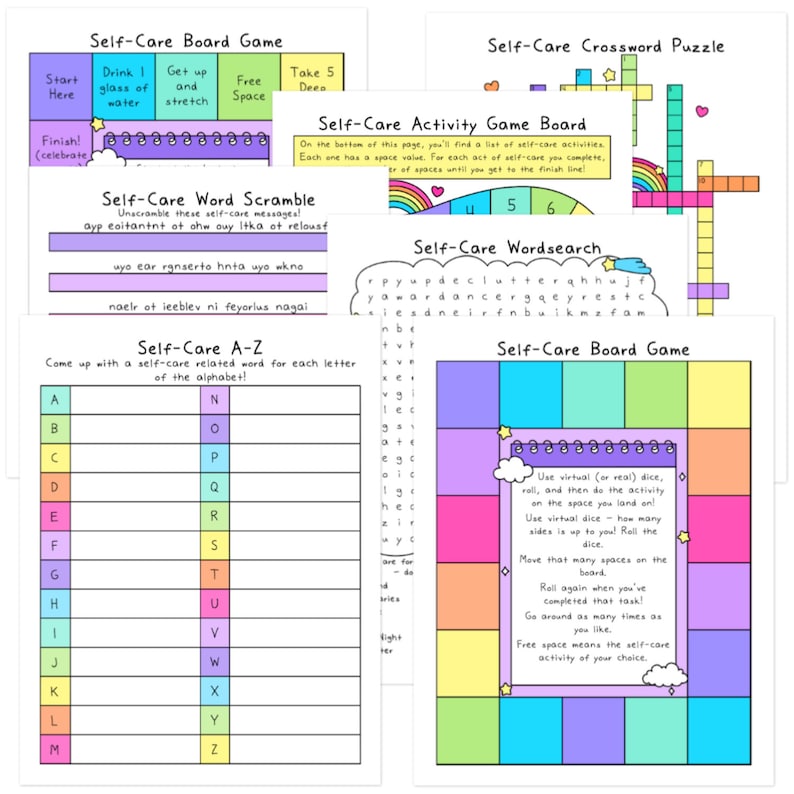 May include: A printable set of self-care activities, including a board game, word search, crossword puzzle, and word scramble. The activities are designed to promote relaxation and well-being. The pages are decorated with rainbows, stars, and clouds in a pastel color scheme.