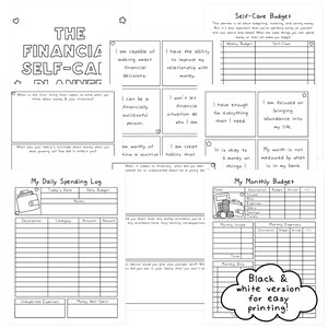 May include: Black and white printable budget planner with sections for weekly and monthly budgets, a daily spending log, and self-care affirmations. The planner includes the text "The Financial Self-Care Planner" and "Black & white version for easy printing!"