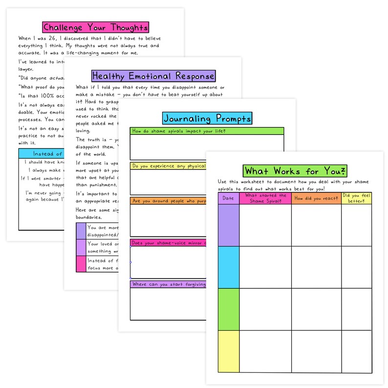 Pu&ograve; includere: Una raccolta di fogli di lavoro stampabili con bordi colorati e testo. I titoli includono "Challenge Your Thoughts", "Healthy Emotional Response", "Journaling Prompts" e "What Works For You?" I fogli di lavoro sono progettati per l'autoriflessione e la scrittura di un diario.