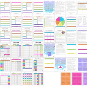 May include: A printable set of colorful worksheets and trackers for personal development and goal setting. The worksheets include sections for financial planning, goal setting, habit tracking, and more.