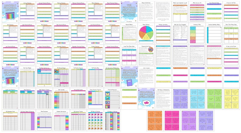 May include: A printable set of colorful worksheets and trackers for personal development and goal setting. The worksheets include sections for financial planning, goal setting, habit tracking, and more.