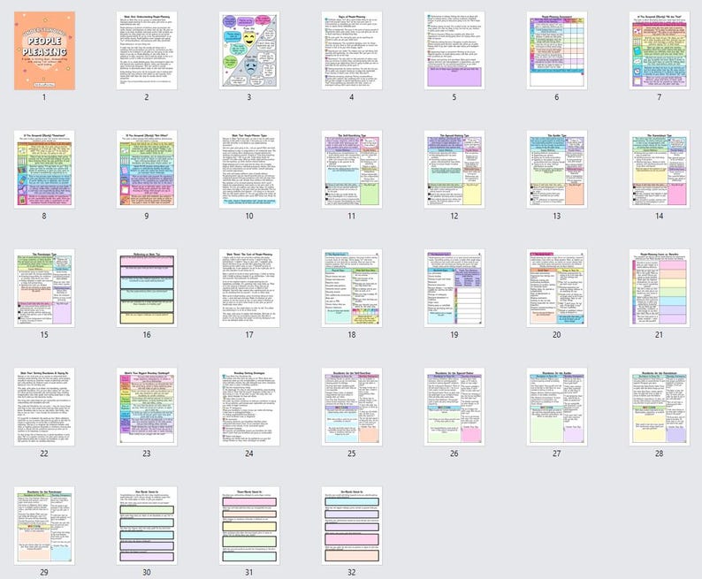 May include: A printable workbook with 32 pages of worksheets and exercises on the topic of people pleasing. The workbook is designed to help people identify and overcome people-pleasing tendencies. The pages are filled with colorful text, charts, and diagrams.