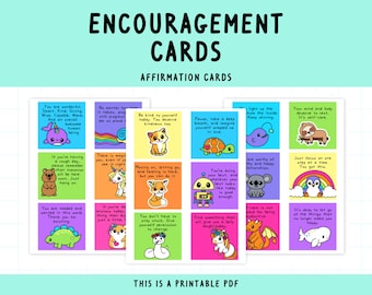 May include: A set of printable affirmation cards featuring colorful backgrounds and cute cartoon animals. The cards include positive messages such as "You are wonderful" and "Be kind to yourself today".