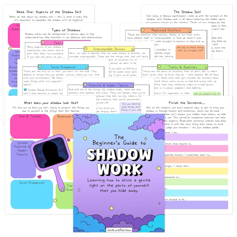 Puede incluir: Una colecci&oacute;n de hojas de trabajo imprimibles titulada The Beginner's Guide to Shadow Work, que presenta una portada morada con nubes y estrellas, junto a p&aacute;ginas con encabezados como Types of Shadows, Repressed Emotions y Finish the Sentence.