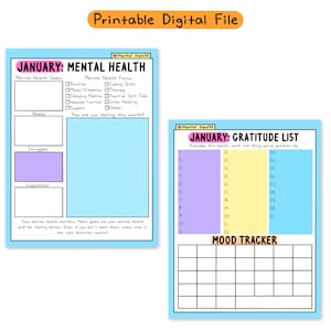 May include: Printable digital file featuring two pages. One is a mental health planner for January, with sections for goals, needs, struggles, and inspiration. The other page is a gratitude list and mood tracker.
