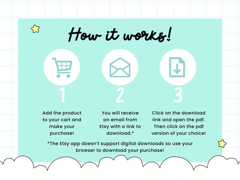 May include: A light blue graphic with the text "How it works!" and three numbered steps. Step 1 shows a shopping cart, step 2 an envelope, and step 3 a document download icon. Instructions explain the purchase process.