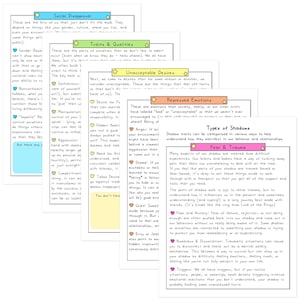 Puede incluir: Un conjunto de cinco hojas de trabajo educativas tituladas Social Disapproval, Traits & Qualities, Unacceptable Desires, Repressed Emotions y Types of Shadows. Cada p&aacute;gina presenta encabezados coloridos, listas con vi&ntilde;etas y textos explicativos.