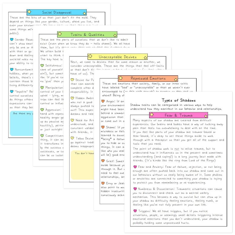 Puede incluir: Un conjunto de cinco hojas de trabajo educativas tituladas Social Disapproval, Traits & Qualities, Unacceptable Desires, Repressed Emotions y Types of Shadows. Cada p&aacute;gina presenta encabezados coloridos, listas con vi&ntilde;etas y textos explicativos.