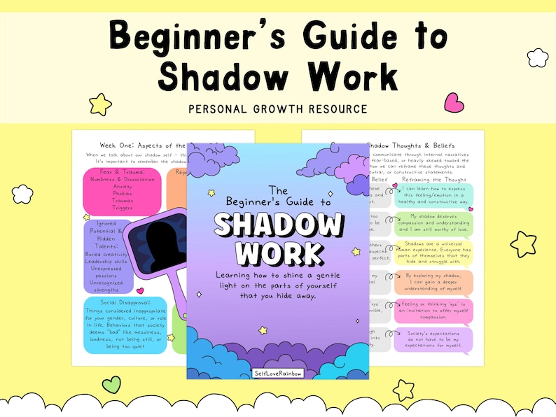 Puede incluir: Una gu&iacute;a digital titulada Beginner's Guide to Shadow Work con una portada en degradado morado que presenta nubes azules y violetas, estrellas amarillas y texto. Las p&aacute;ginas interiores muestran cuadros coloridos con texto sobre crecimiento personal.
