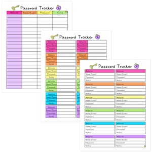 May include: Several colorful password tracker sheets with a key and lock graphic. Each sheet has sections for website, name/email, password, and notes. The sheets are in various colors, including pink, orange, yellow, green, blue, and purple.
