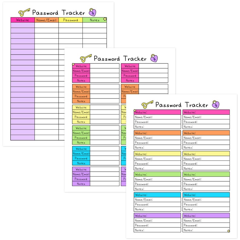 May include: Several colorful password tracker sheets with a key and lock graphic. Each sheet has sections for website, name/email, password, and notes. The sheets are in various colors, including pink, orange, yellow, green, blue, and purple.