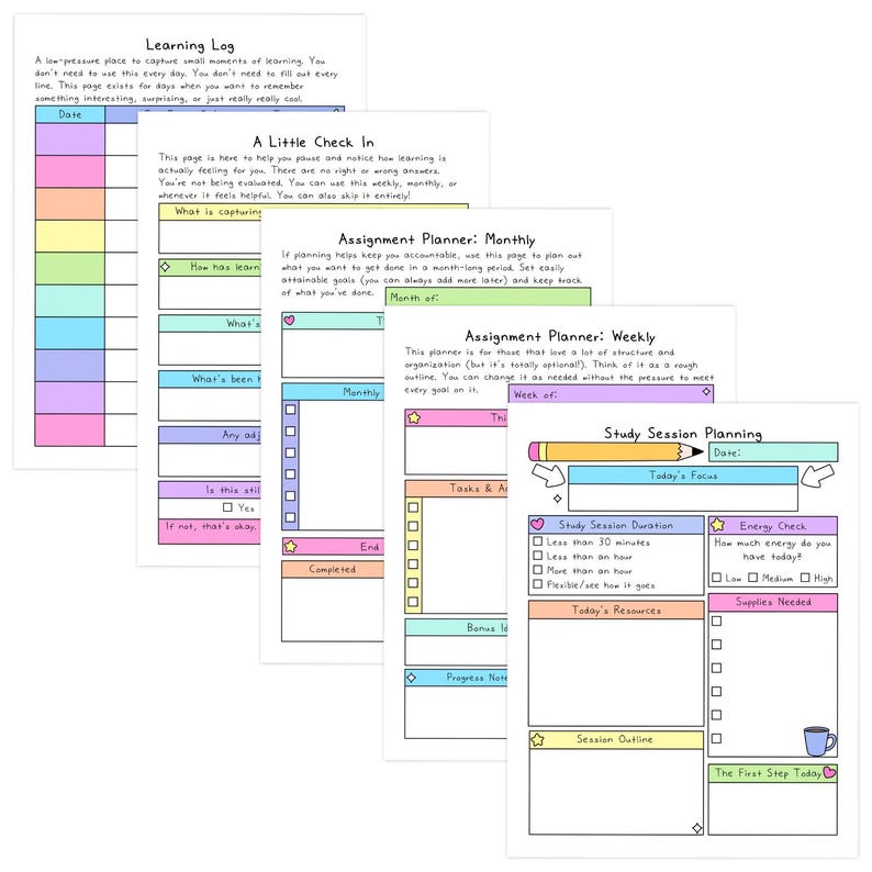 May include: A collection of colorful, hand-drawn planner pages. The pages include sections for learning logs, check-ins, and assignment planning, with headings like "Date," "Tasks & Actions," and "Today's Focus." The pages are designed with pastel colors and simple illustrations.