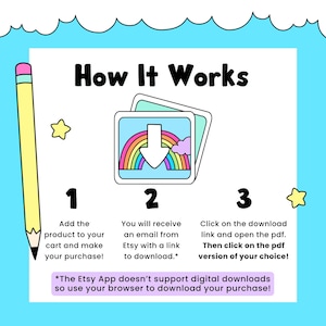 May include: A light blue graphic with the text "How It Works" and instructions for digital downloads. The steps include adding a product to your cart, receiving an email, and clicking a download link. A yellow pencil and stars are also featured.