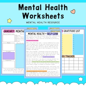 May include: Digital mental health worksheets with the text "Mental Health Worksheets" and "Mental Health Resource." The worksheets include sections for goals, needs, and a gratitude list, all on a blue background.