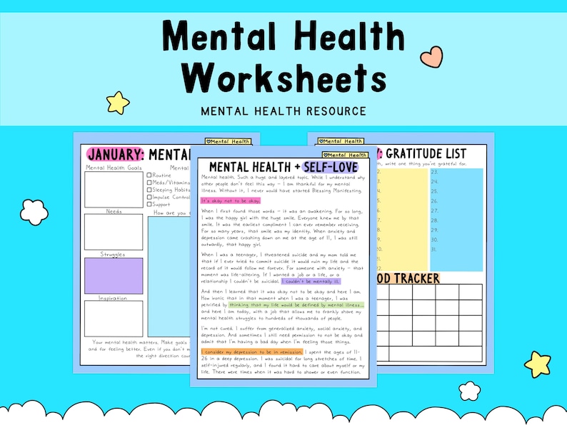 May include: Digital mental health worksheets with the text "Mental Health Worksheets" and "Mental Health Resource." The worksheets include sections for goals, needs, and a gratitude list, all on a blue background.