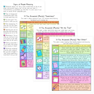 May include: Colorful printable worksheet with tips for setting boundaries and practicing self-care. The worksheet is divided into three sections: "Sometimes", "All the Time", and "Not Often". Each section has a list of activities to help you set boundaries and practice self-care.