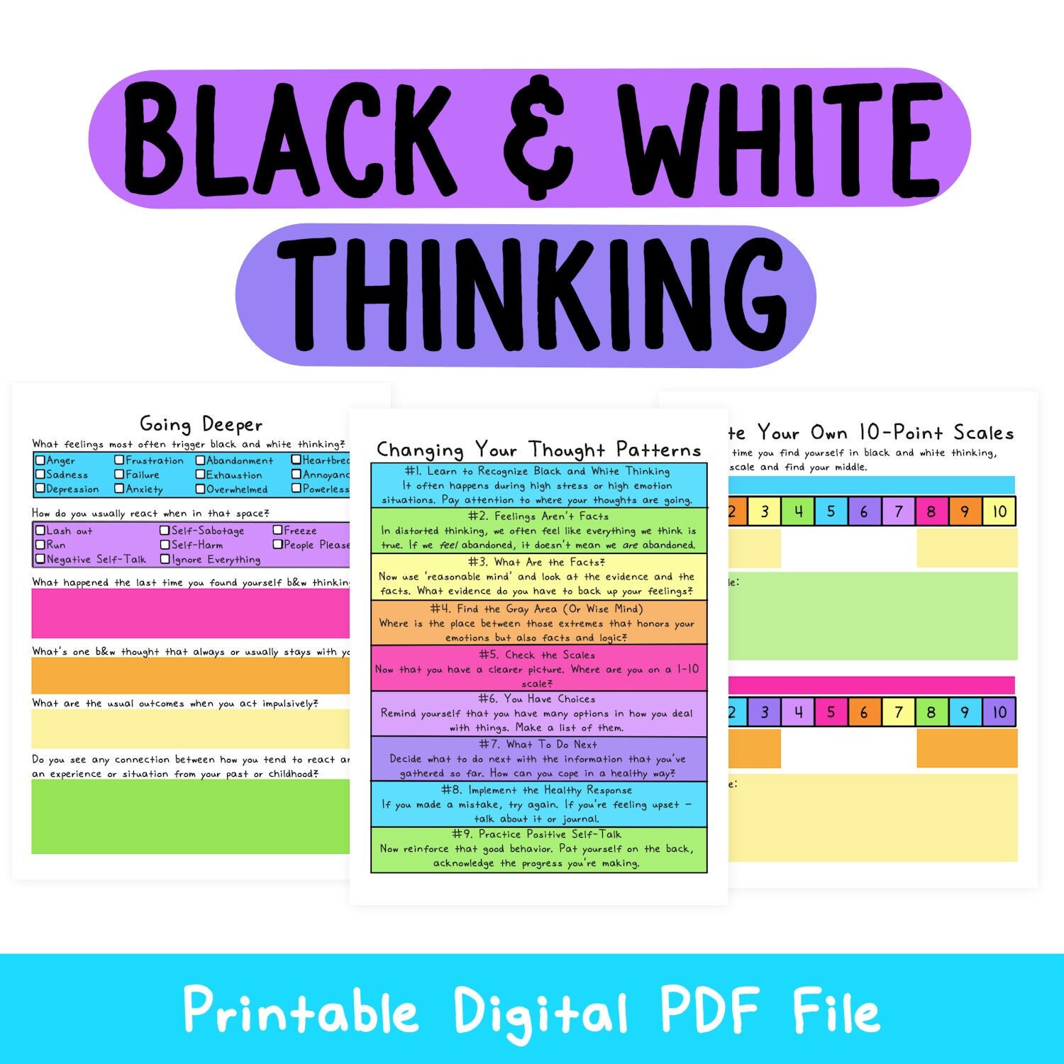 Black and White Thinking | Mental Health Worksheets | Self-Help | Dep…