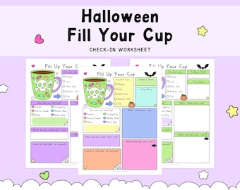 Halloween Fill Your Cup Worksheet, Spooky Self-Care Printable, Feelings Check-In for Kids and Adults