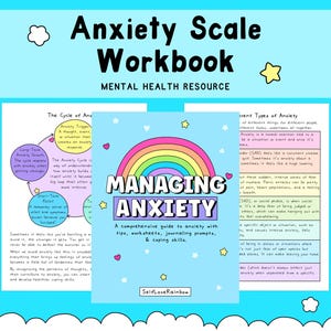 Puede incluir: Un cuaderno de trabajo titulado "Anxiety Scale Workbook" con el texto "Mental Health Resource". La portada presenta un arcoíris y las palabras "Managing Anxiety". En el interior hay páginas con diagramas y texto sobre la ansiedad.