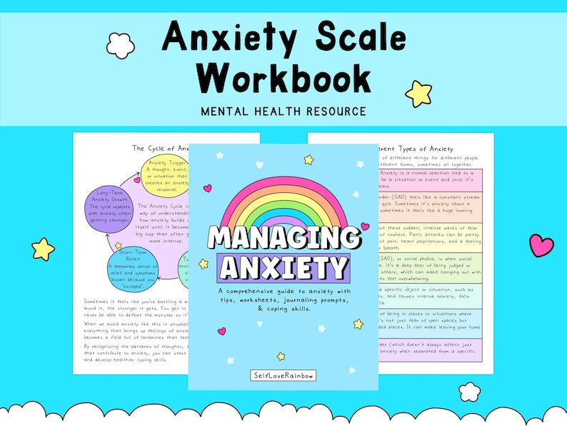 May include: A workbook titled "Anxiety Scale Workbook" with the text "Mental Health Resource." The cover features a rainbow and the words "Managing Anxiety." Inside are pages with diagrams and text about anxiety.